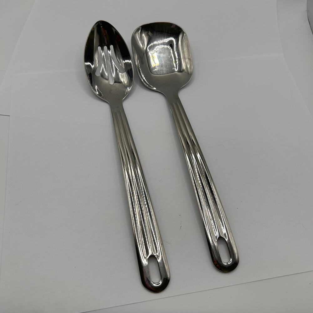 Set of 2 Oneida Serving Spoons 1 Square End One Slotted Glossy Stainless 18/8